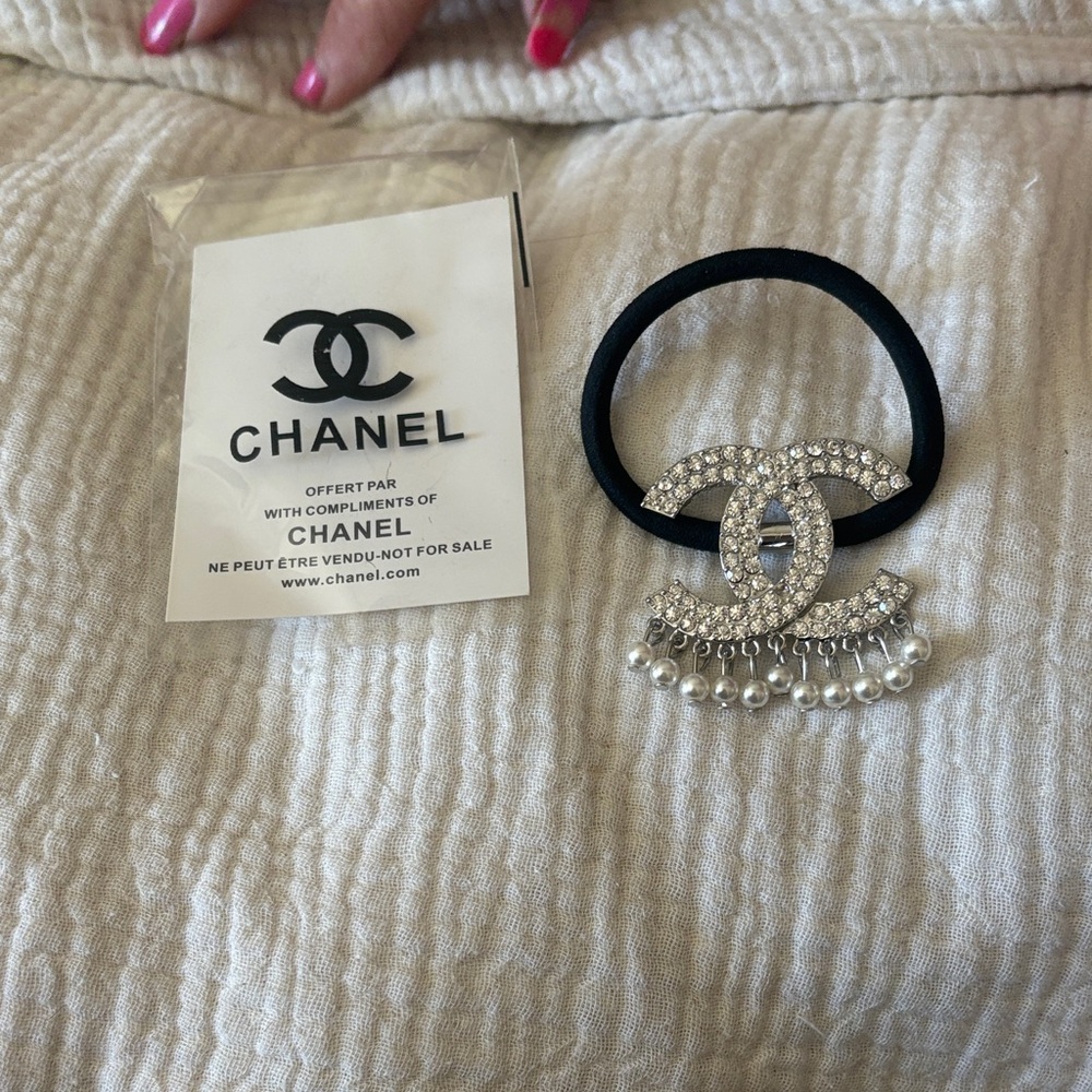 CHANEL Black and Silver Hair Tie with Pearl Accents